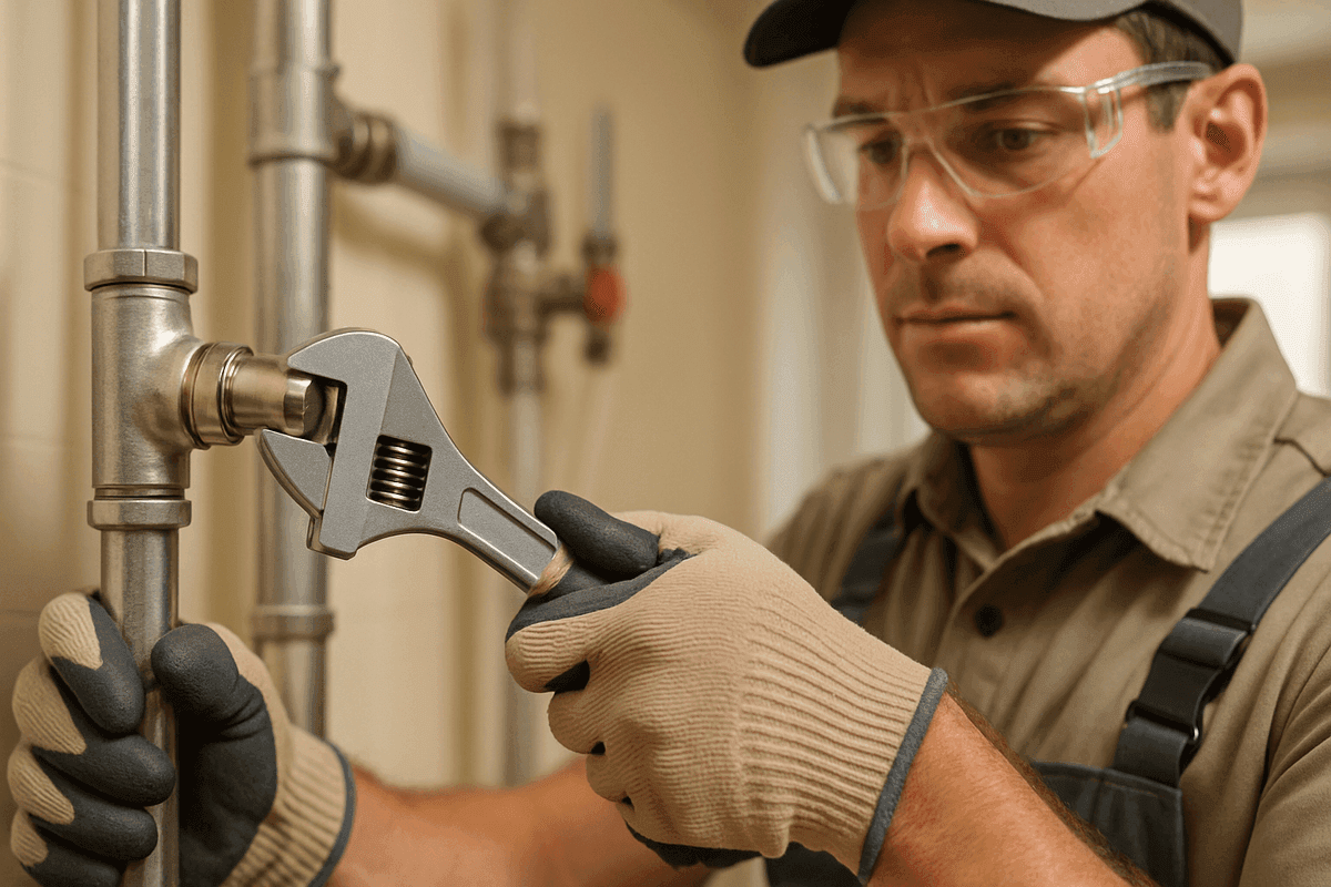 Plumber's gloved hands tightening pipe fitting with wrench in residential utility room